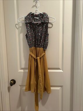 Katie Vintage Cottagecore Floral Button Down Pleated Dress Yellow Blue